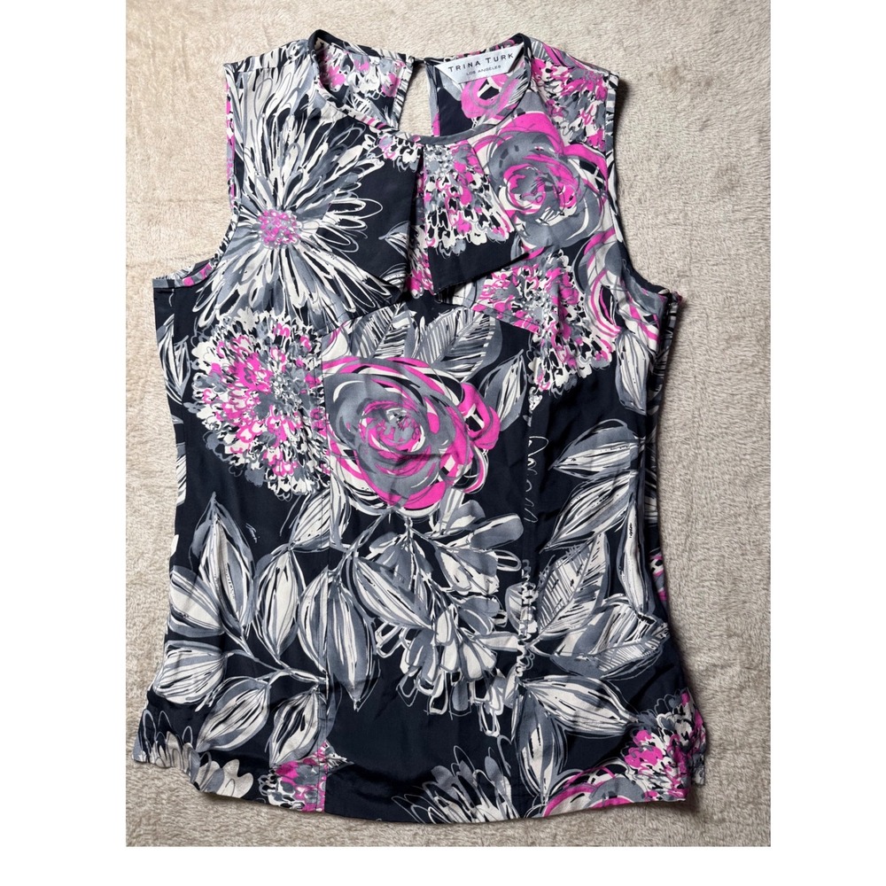 Trina Turk Floral 100% Silk Sleeveless Top Size S Office Siren Quiet Luxury
